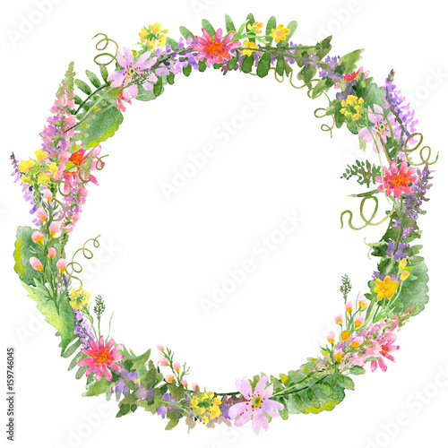Raster vivid romantic round frame made with flowers and wild plants. Summer, natural, romantic, girlish themes, design element, printed goods. © ursulamea