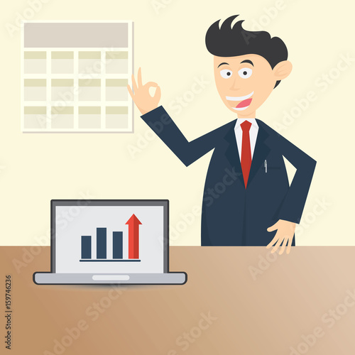 male businessman character presenting data with laptop cartoon vector illustration