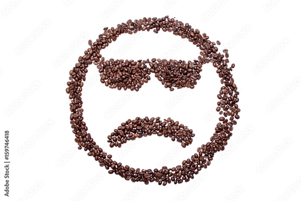 spectacled Sad smiley from coffee beans, isolated on white background spectacled Sad smiley from coffee beans, isolated on white background