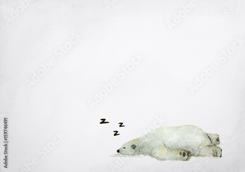 Hand drawn watercolor painting of sleeping polar bear on grey background.