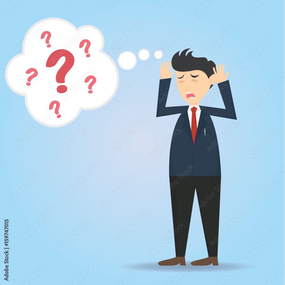 Obraz premium confused male businessman with question mark cartoon vector illustration