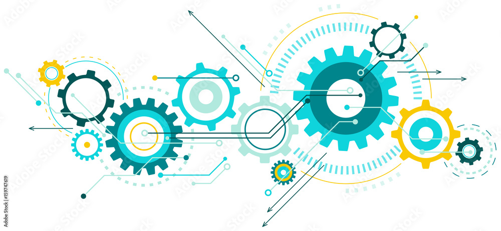 Linked cogwheels & circuits vector