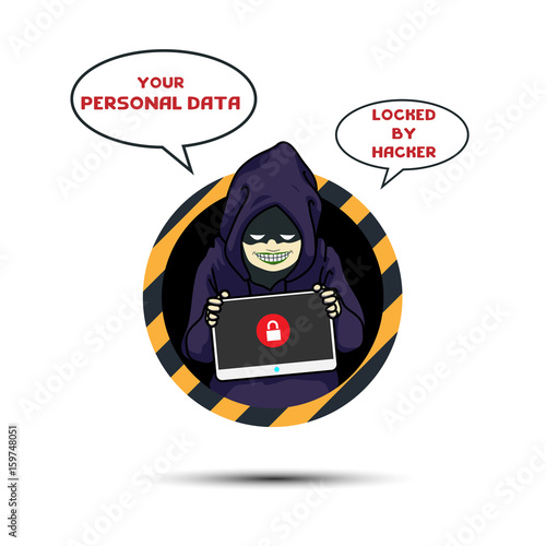 Your Computer and personal data , locked by hacker, security at risk. vector illustration