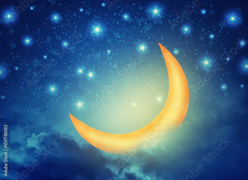 Abstract night fairy background with stars, moon and clouds