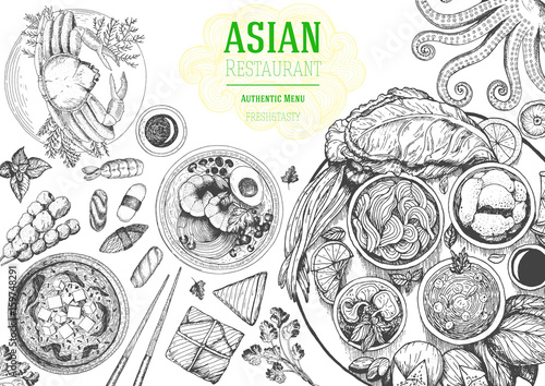 Asian cuisine top view frame. Food menu design with noodles, soup miso, sushi and set of traditional dishes. Vintage hand drawn sketch vector illustration.