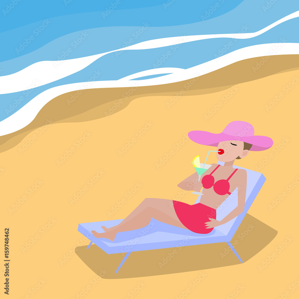 Vector cartoon woman lies on deckchair sandy beach Vector cartoon woman lies on deckchair sandy beach