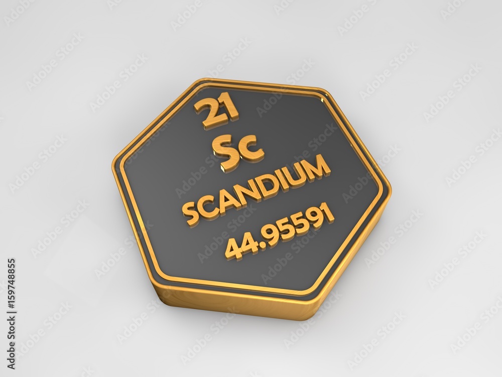 Scandium - Sc - chemical element periodic table hexagonal shape 3d render