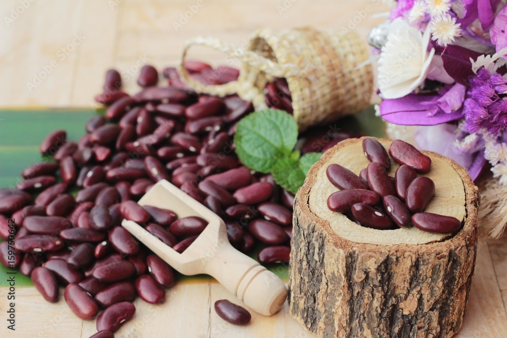 Red bean for health on wood background