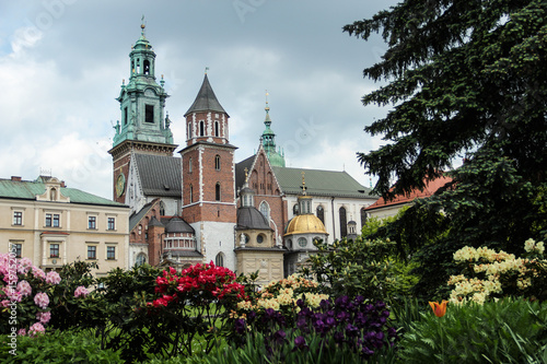 Wawel Castle courtyard with cathedral and garden in Cracow, Poland
