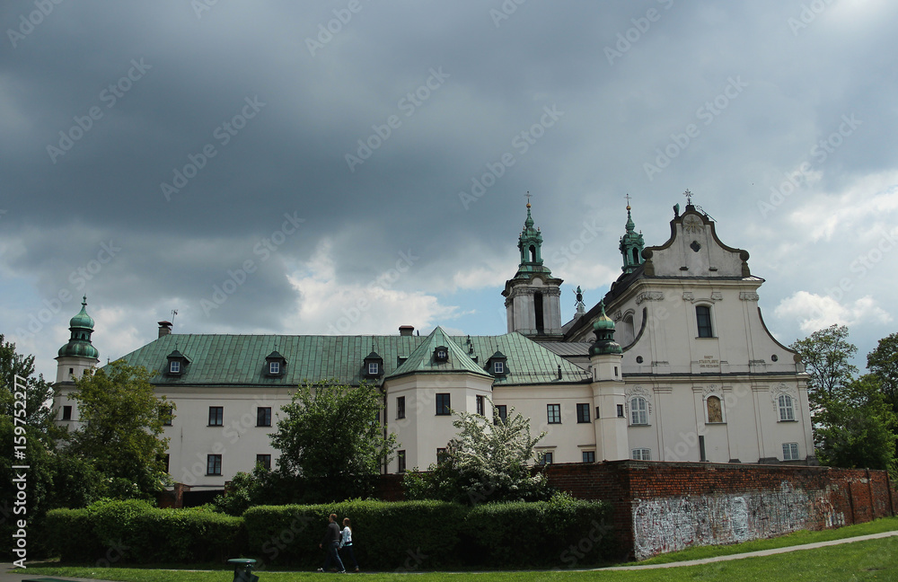 Baroque church on the rock beneath the cloudy sky in Cracow, Poland