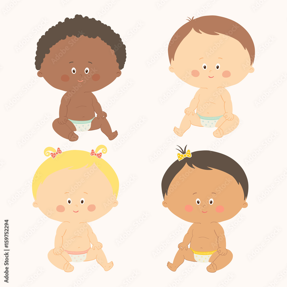 Multi-ethnic set of four babies sitting. Toddler girls and boys. Multi-ethnic set of four babies sitting. Toddler girls and boys.