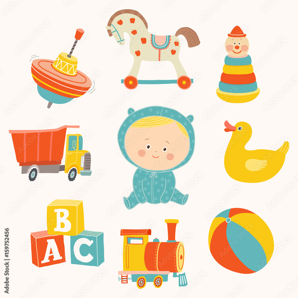 Baby boy with toys : ball, blocks, rubber duck, rocking horse, toy train, pyramid, spinning top, toy truck. Baby boy with toys : ball, blocks, rubber duck, rocking horse, toy train, pyramid, spinning top, toy truck.