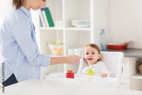 happy mother feeding baby with puree at home