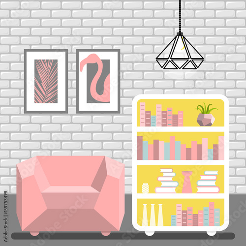 Vector illustration with armchair, luminaire, lamp and commode