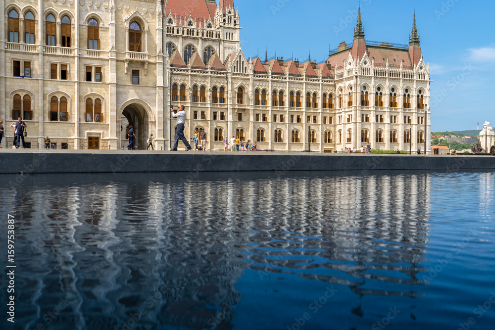Ungarisches Parlamentsgebäude vor blauem Himmel mit Spiegelung in Wasserfläche