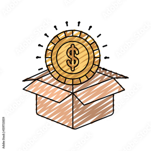 color crayon silhouette coin with dollar symbol inside coming out of cardboard box vector illustration