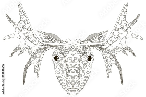 Hand drawn black and white ornamental elk head, anti stress vector illustration