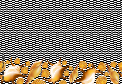 Shells border on black lines waves seamless pattern. Vector illustration.