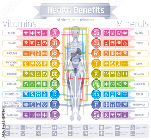 Mineral Vitamin supplement icons. Health benefit flat vector icon set, text logo isolated white background. Table illustration medicine healthcare chart. Illness prevention medical Infographic diagram