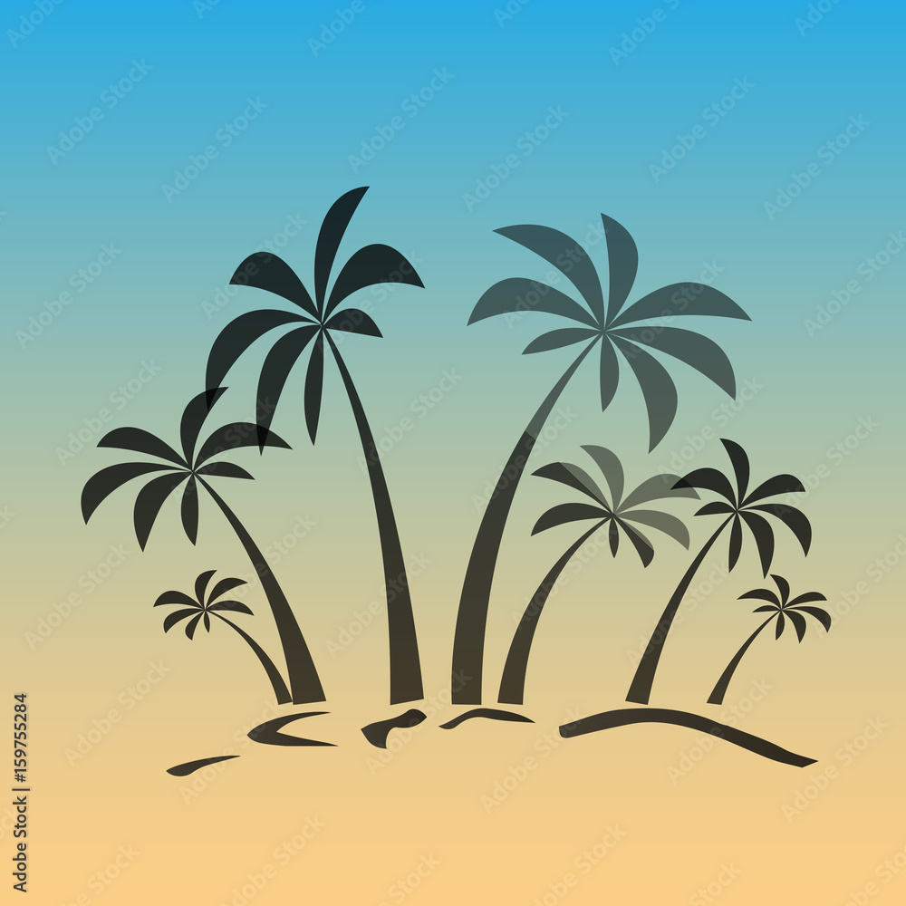 Palm trees silhouette on island. Vector illustration. Tropical exotic plant isolated on background.Modern hipster style apparel, poster, brochure design.