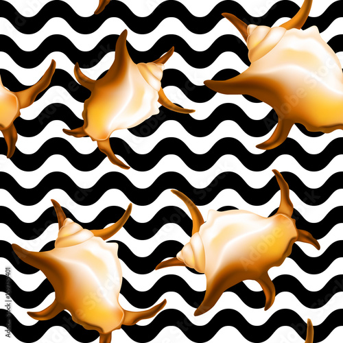 Shells on black waves seamless pattern. Vector illustration.