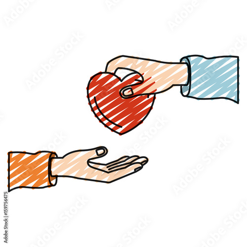 color crayon silhouette palm human holding a heart charity symbol to deposit in other hand vector illustration
