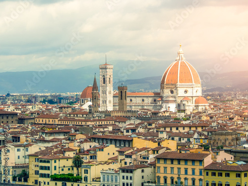 Duomo Santa Maria Del Fiore and Bargello in the morning from Piazzale Michelangelo in Florence, Tuscany, Italy. Cathedral Santa Maria del Fiore.