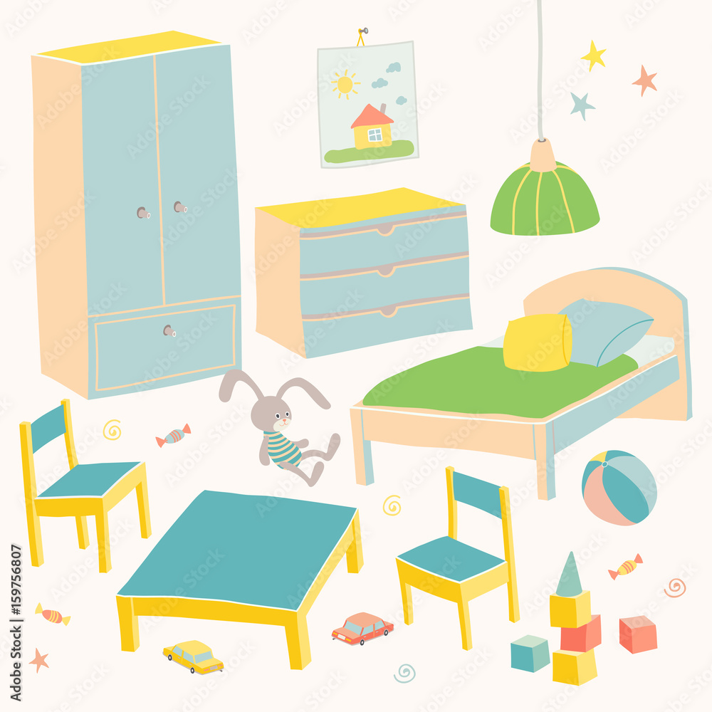 Set of furniture for children room. Kids small furniture for little boy.Bed, table with chairs, wardrobe and chest. Hand drawn cartoon illustration on white background. Baby shower design elements. Set of furniture for children room. Kids small furniture for little boy.Bed, table with chairs, wardrobe and chest. Hand drawn cartoon illustration on white background. Baby shower design elements.