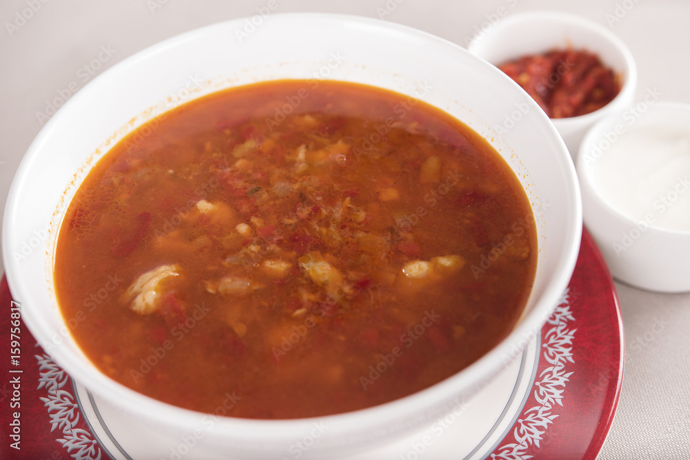 Tomato soup, served with sour cream and extra tomato sauce, white and red plate, light background, isolated Tomato soup, served with sour cream and extra tomato sauce, white and red plate, light background, isolated
