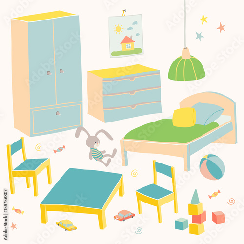 Set of furniture for children room. Kids small furniture for little boy.Bed, table with chairs, wardrobe and chest. Hand drawn cartoon illustration on white background. Baby shower design elements.
