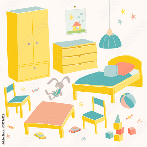 Set of furniture for children room. Kids small furniture.Bed, table with children's chairs, wardrobe and chest. Hand drawn cartoon illustration on white background. Baby shower design elements.