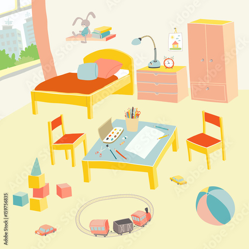 Children's bedroom interior with furniture and toys. Kids playroom in flat style. Hand drawn cartoon illustration on white background. Baby shower design elements.