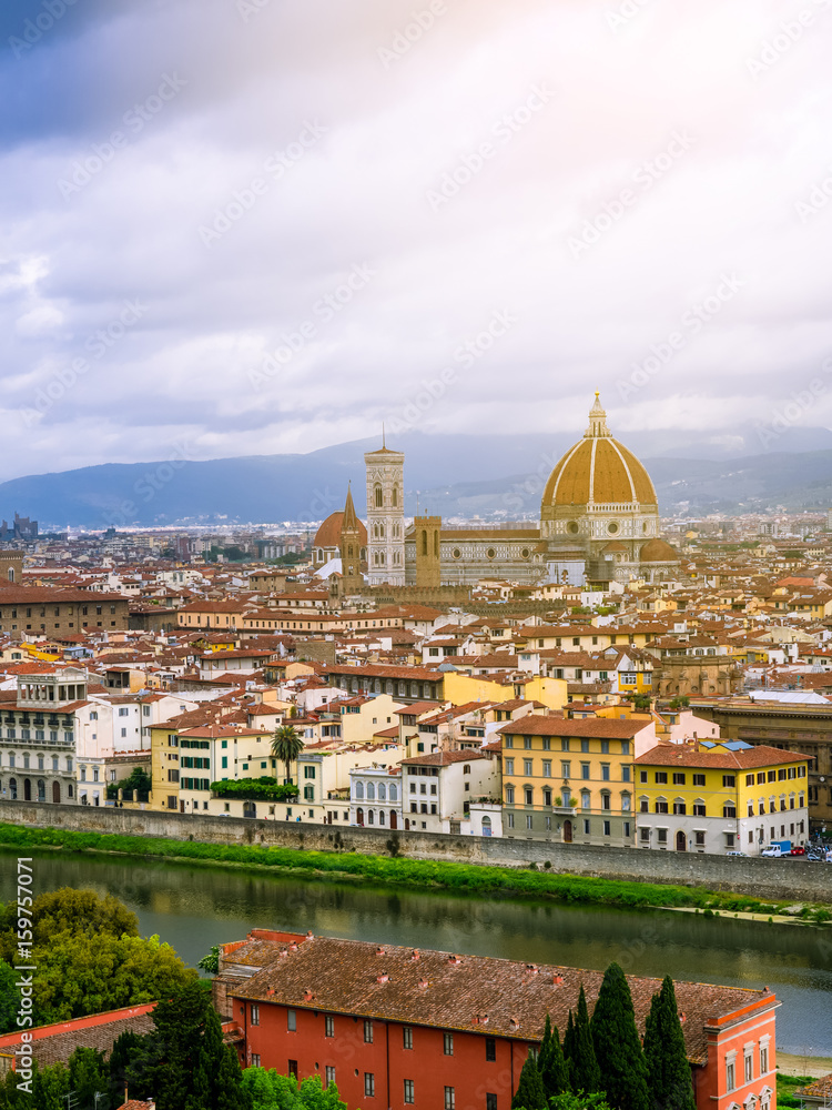Fototapeta premium Duomo Santa Maria Del Fiore and Bargello in the morning from Piazzale Michelangelo in Florence, Tuscany, Italy. Cathedral Santa Maria del Fiore.