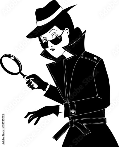 Female secret agent or private detective with a magnifying glass, EPS 8 vector silhouette no white objects, black only