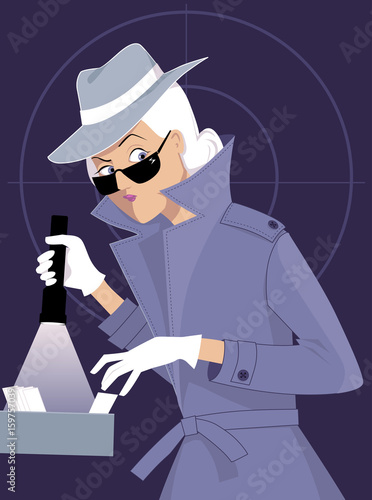 Female secret agent or private detective searching a file cabinet, EPS 8 vector illustration