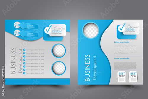 Square flyer template. Brochure design. Annual report poster. Leaflet cover. For business and education. Vector illustration. Blue color.