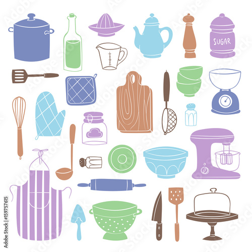 Kitchen utensils food kitchenware cooking set domestic tableware vector illustration isolated