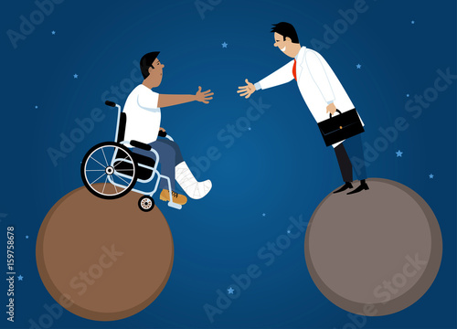 Doctor and patient in a wheelchair shaking hands across a gap between two planets, EPS 8 vector illustration
