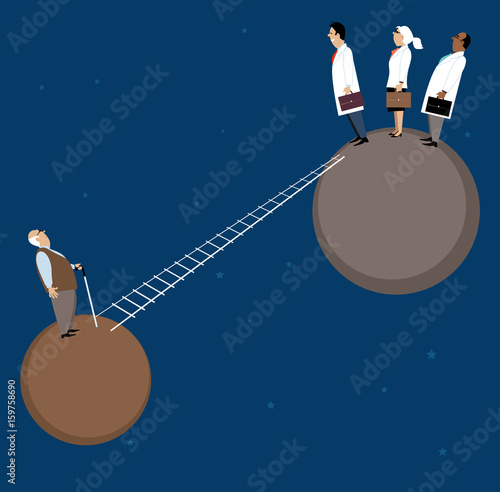 Flimsy ladder connects two separate planets, doctors stand on the one and elderly patient on another, EPS 8 vector illustration