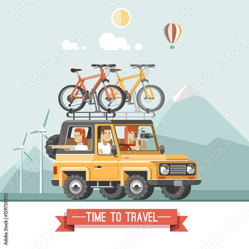 Vector travel car with top luggage carrier and bicycles. Mountain bikes and cyclists. Off-road SUV vehicle fully equipped for expedition.
