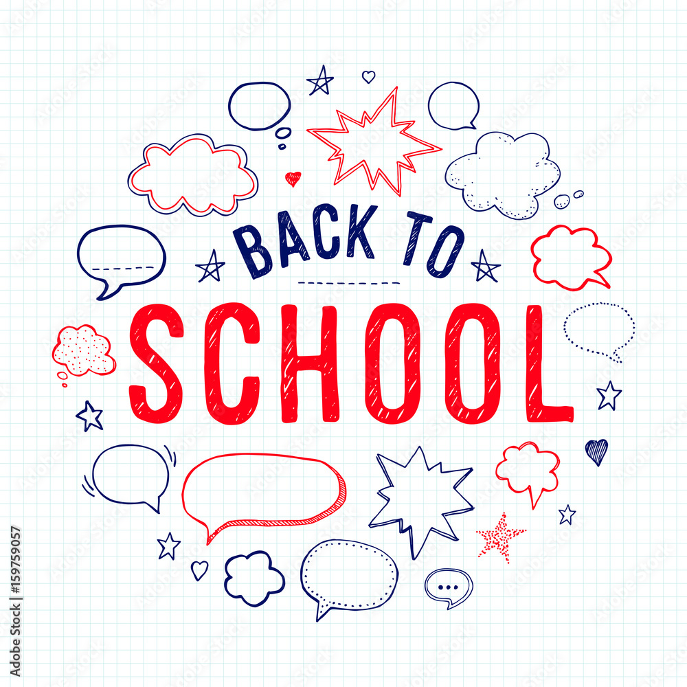 Back to school lettering and speech bubbles on lined notebook paper