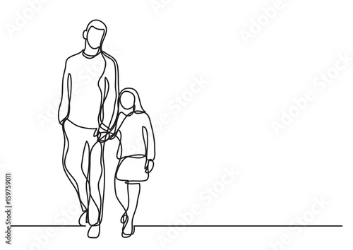 father and daughter walking - single line drawing