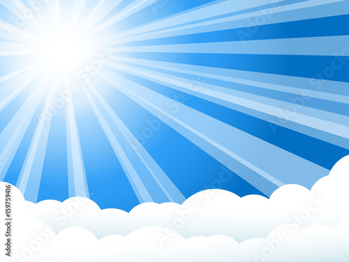Sunshine background. White rays of sun against blue sky and clouds.