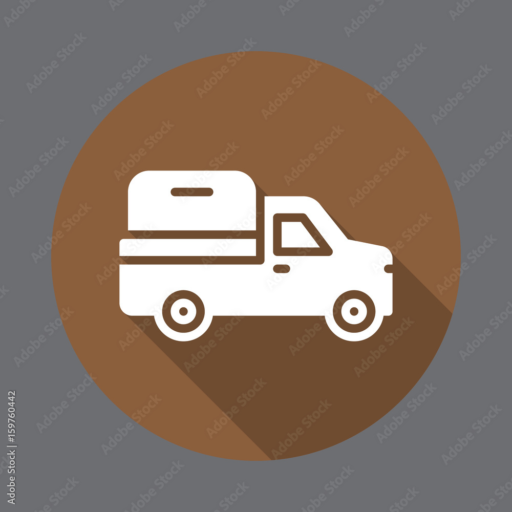 Pickup truck flat icon. Round colorful button, circular vector sign with long shadow effect. Flat style design