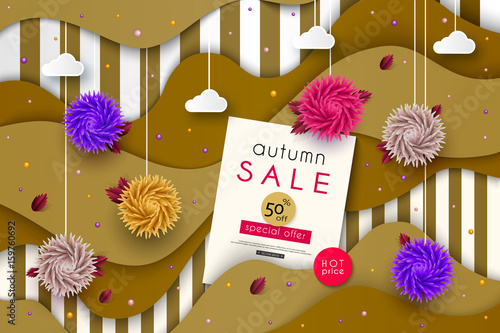 Autumn Sale. 3D stylized multicolored flowers with leaves on striped background. Abstract floral origami pattern. Paper art. Vector illustration