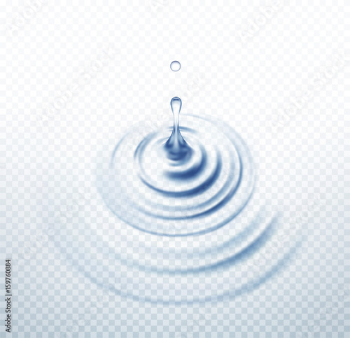 Realistic Transparent Drop and Circle Ripples set on isolated background. Vector illustration