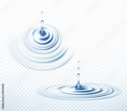 Realistic Transparent Drop and Circle Ripples set on isolated background. Vector illustration