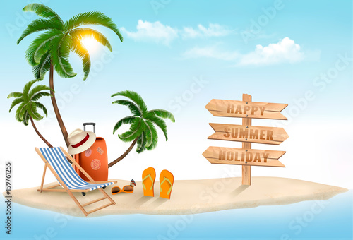 Tropical island with palms, a beach chair and a suitcase. Vacation vector background. Vector.