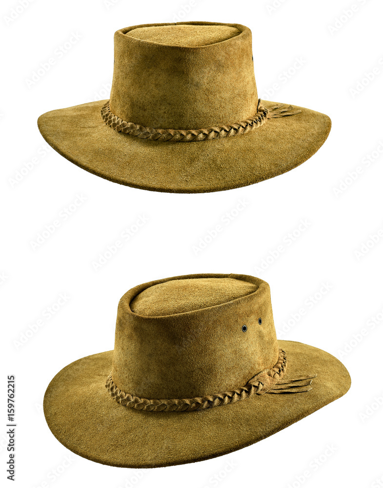 Vintage cowboy leather hat, front view and right angular perspective view,isolated.