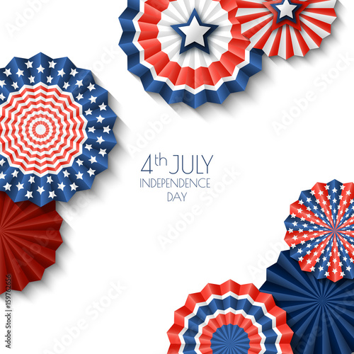 4th of July, USA Independence Day. Vector paper stars in USA flag colors. Abstract white background with place for text. Material design concept for greeting card, banner layout, flyer, poster.